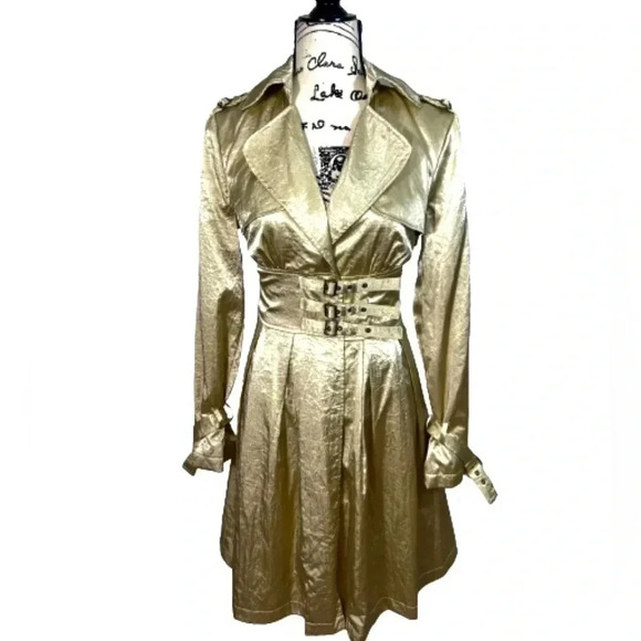 VINTAGE MINUET TRENCHCOAT JACKET GOLD MID KNEE LENGTH CINCHED WAIST NWT LARGE - Picture 1 of 12